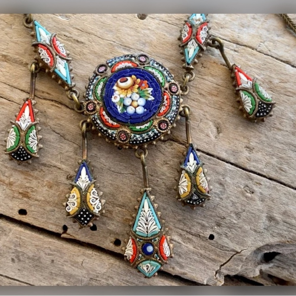 VINTAGE ITALY MICRO MOSAIC VENETIAN GLASS FLORAL FLOWER MILLEFIORI NECKLACE VG